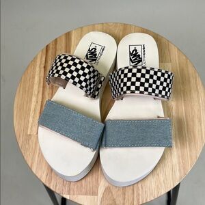 VANS Ultra Comfort Mega Platform Velcro Slides Blue and Checkerboard design Sz 6